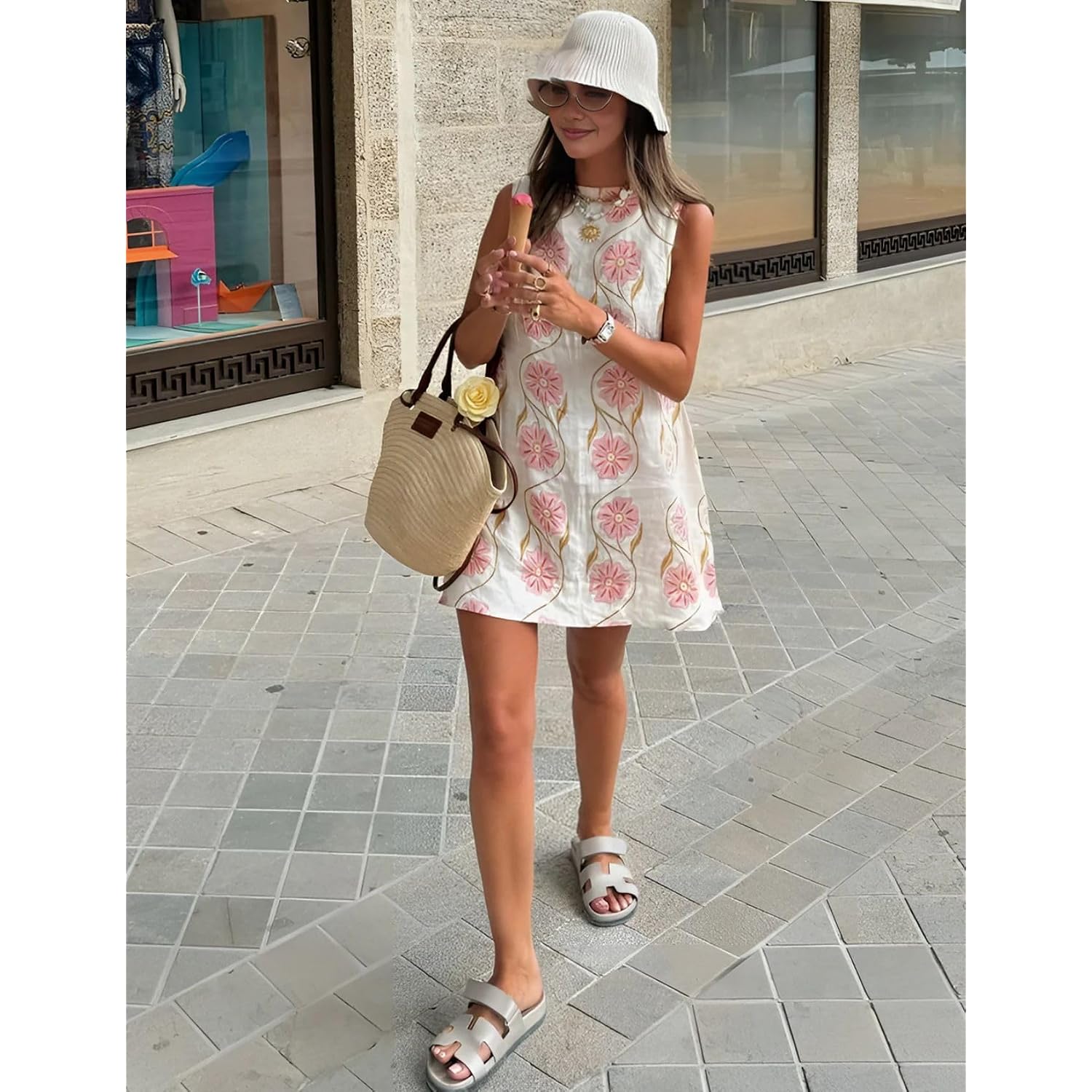 Womens Summer Floral Print Mini Dress Romantic Sleeveless Shift Short Dress Vacation Fairy Dresses