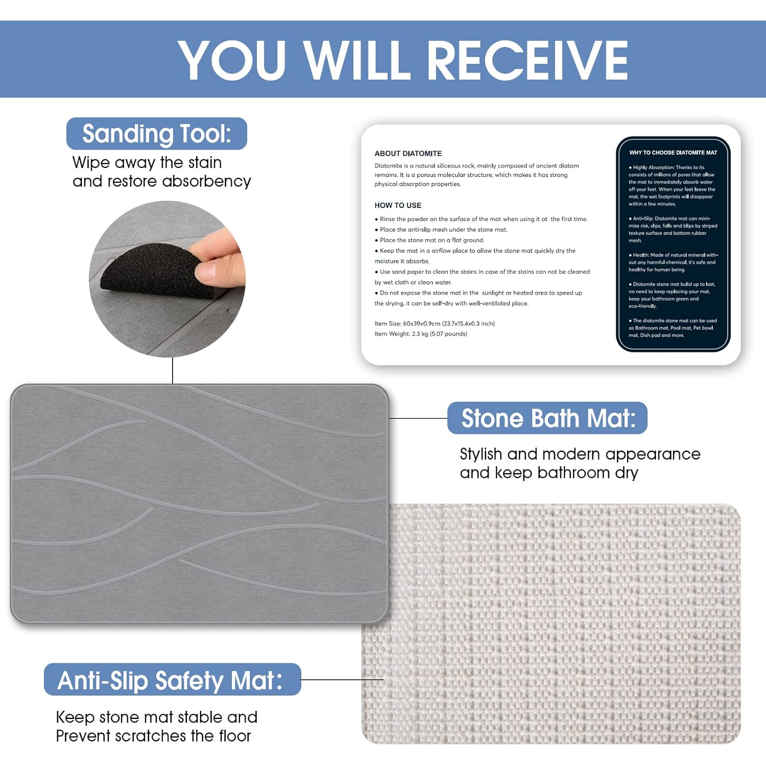 Veeloim Stone Bath Mat Diatomaceous Earth Shower Mat Non-Slip Super Absorbent Diatomite Stone Bath Mats for Bathroom Floor Quick Drying Natural Easy to Clean(23.6''×15.4" Gray)