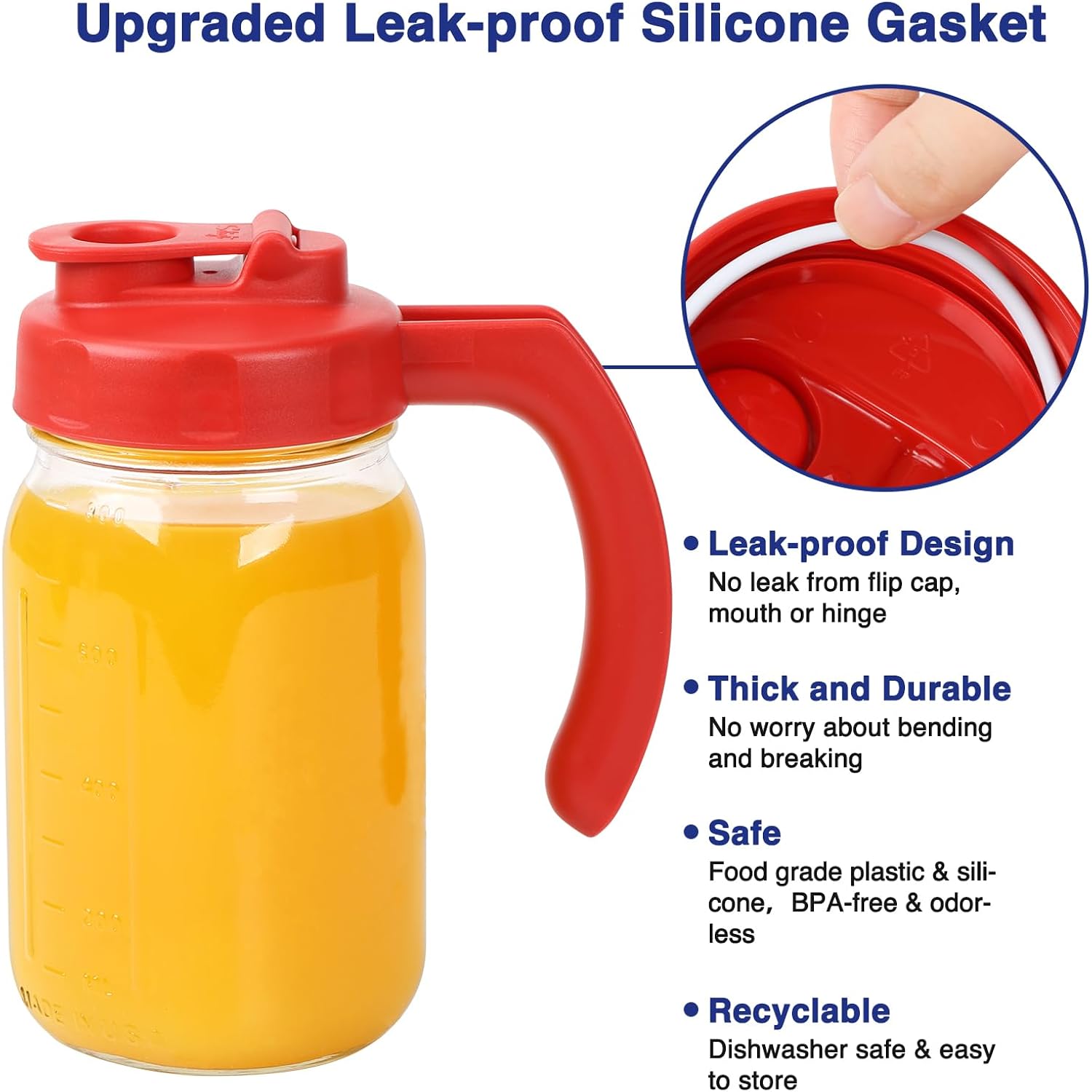 2 Pack Wide Mouth Mason Jar Lids With Handle, Airtight & Leak-Proof Seal, Easy Pouring Spout, Turns Your Mason Jar Into Pitcher, Silicone Seal Gasket, Jars Not Included