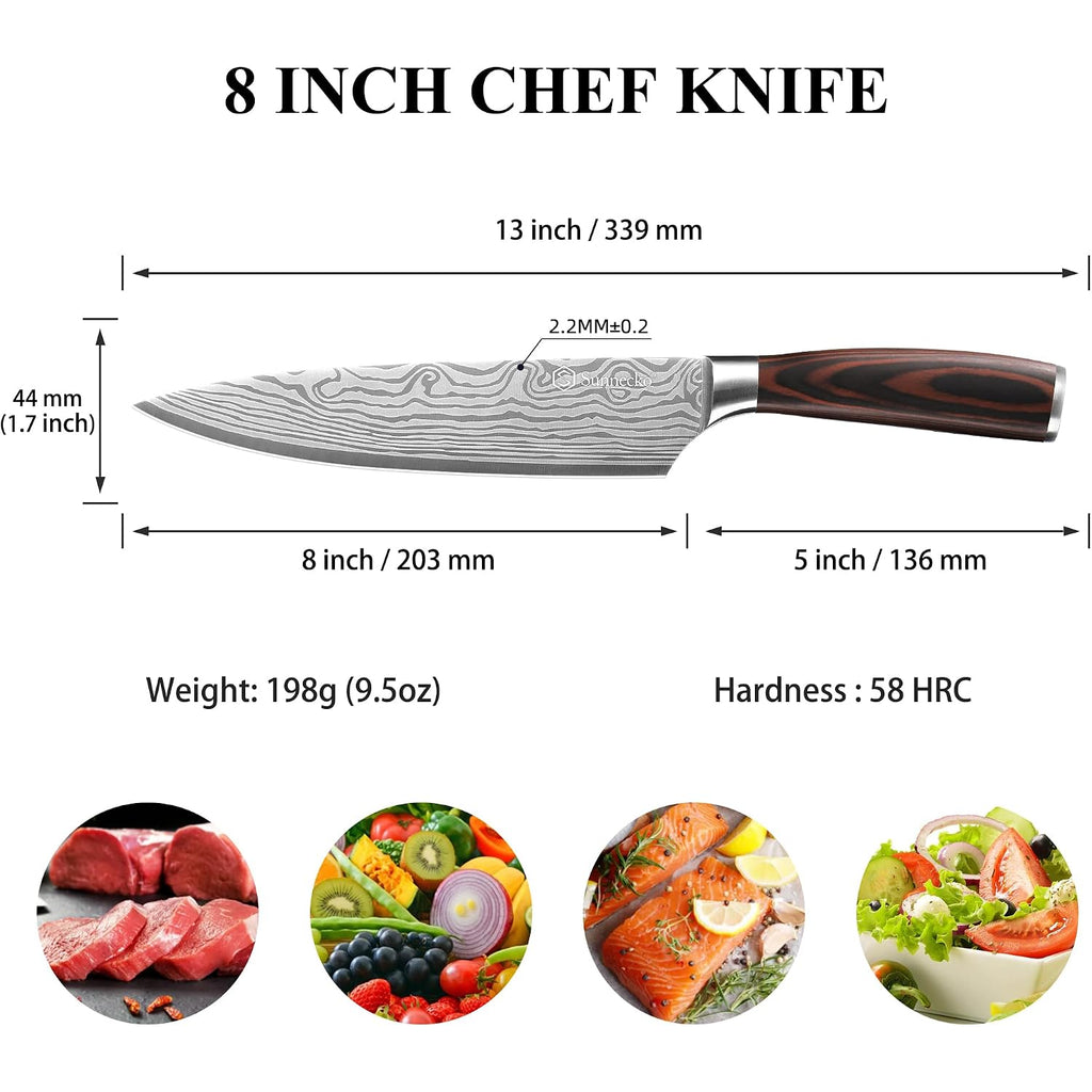 8 Inch Chef Knife - Ultra Sharp 12-15 Degree Edge Kitchen Knife For Meat Vegetable Cutting Japanese Style, High Carbon Stainless Steel Blade, Pakkawood Handle &Sheath, Cooking & Bbq Gift