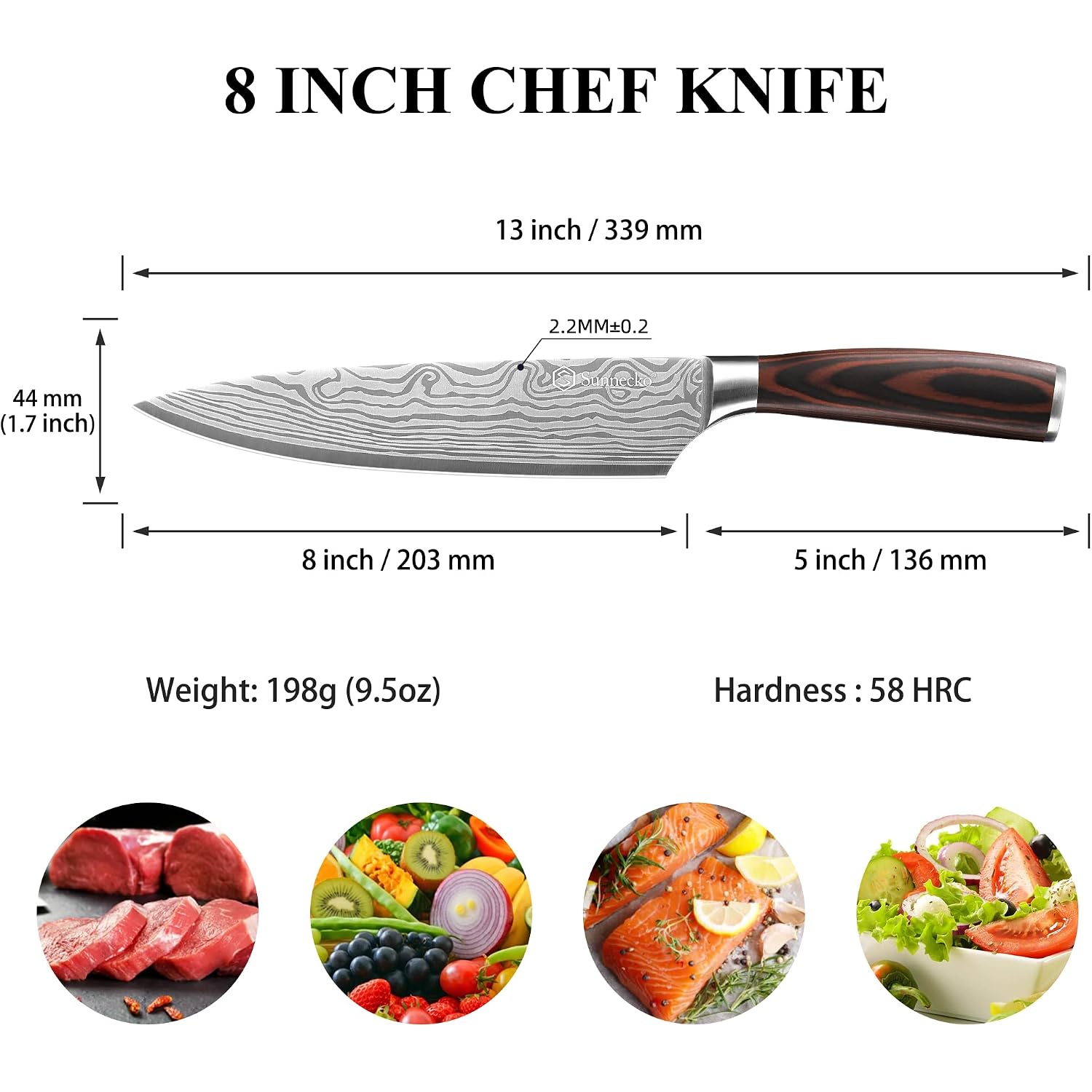 8 Inch Chef Knife - Ultra Sharp 12-15 Degree Edge Kitchen Knife For Meat Vegetable Cutting Japanese Style, High Carbon Stainless Steel Blade, Pakkawood Handle &Sheath, Cooking & Bbq Gift