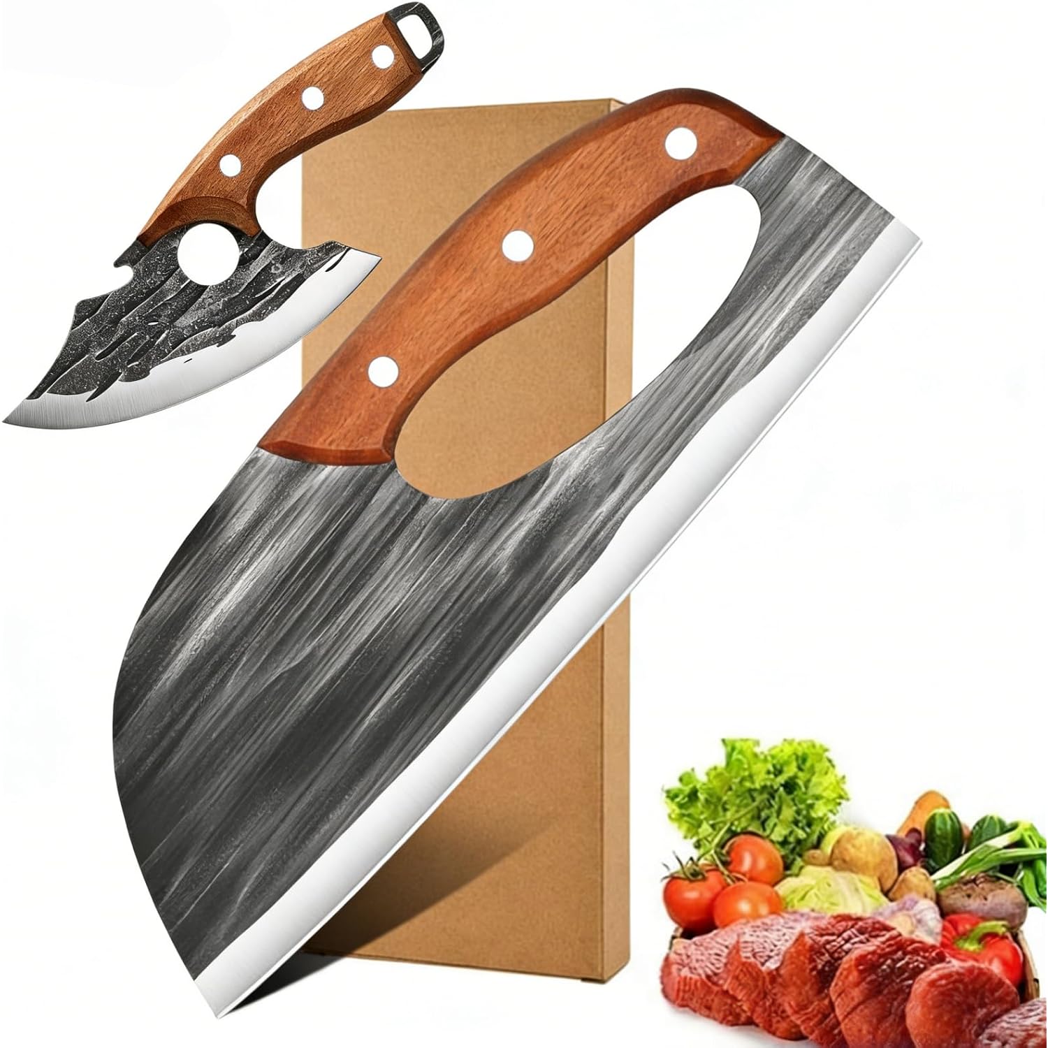 2 Pcs Meat Cleaver Knife Set, Effort Saving Meat Cleaver For Cutting Meat Vegetable, Sharp Carbon Steel Cooking Viking Knife With Leather Sheath For Kitchen, Camping, Outdoor Cooking, Bbq Gift