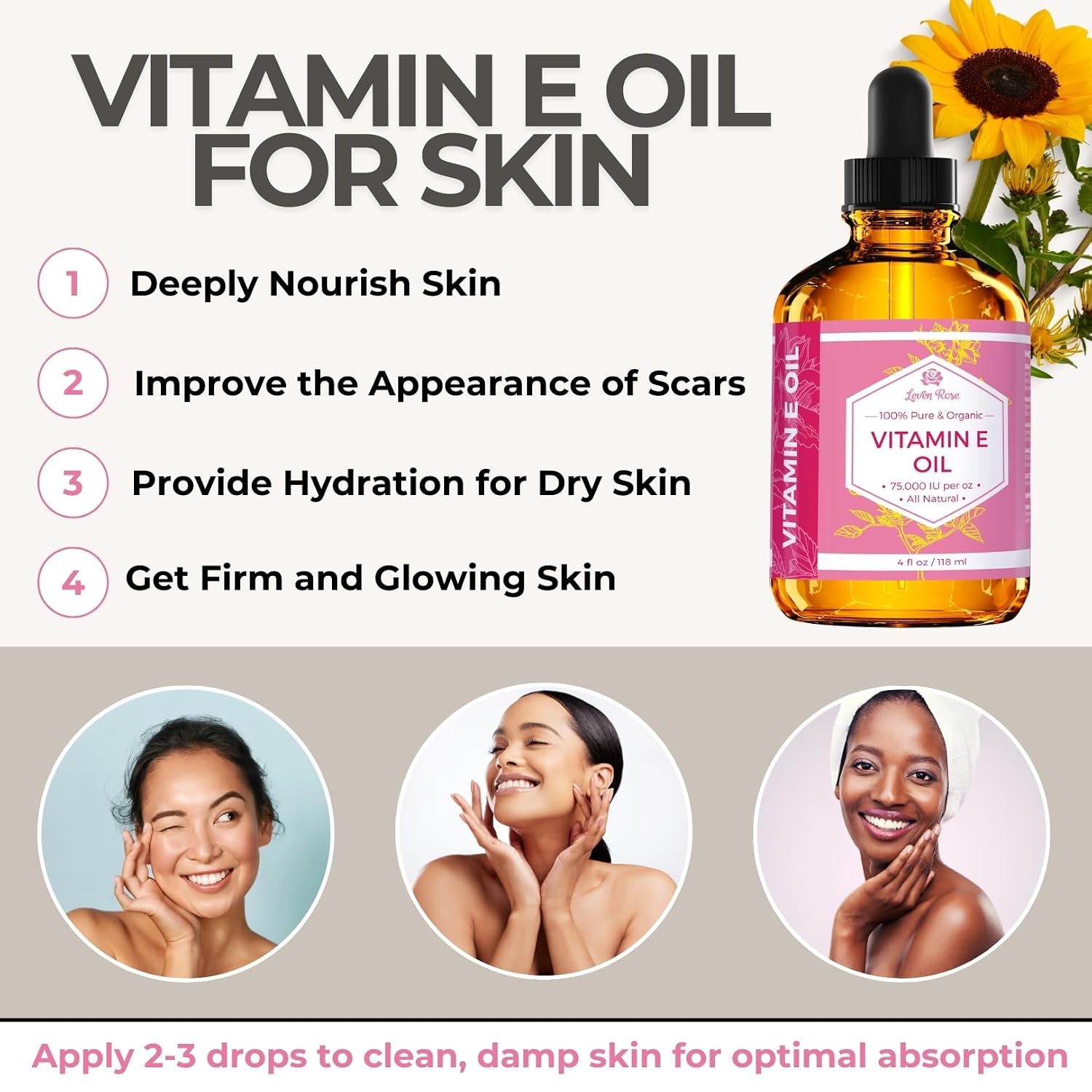 Vitamin E Oil By Leven Rose 75,000 Iu Per Oz 100% Natural, Organic, Pure Vitamin E Oil For Skin, Face, Hair, Nails, And Scars, 4 Oz