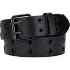 SANSTHS Women Double Grommet Studded Belts, Black Leather Belt for Women Men Punk belt