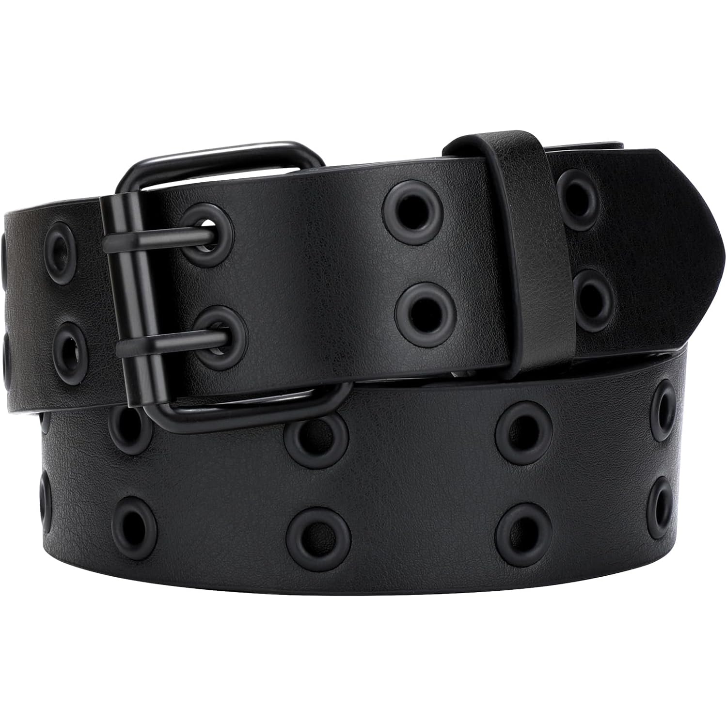SANSTHS Women Double Grommet Studded Belts, Black Leather Belt for Women Men Punk belt