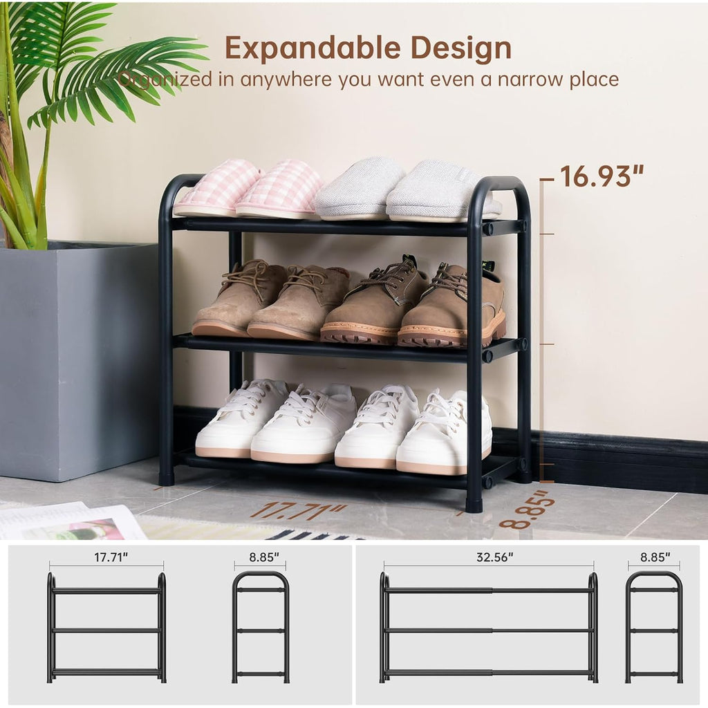 Gonfoam Expandable 3-Tier Shoe Rack For Closet And Entryway, Black | Tool-Free Assembly, Metal Material, Adjustable Shoe Organizer, Sturdy, Small Space Solution, Dorms, Garages, Apartments.