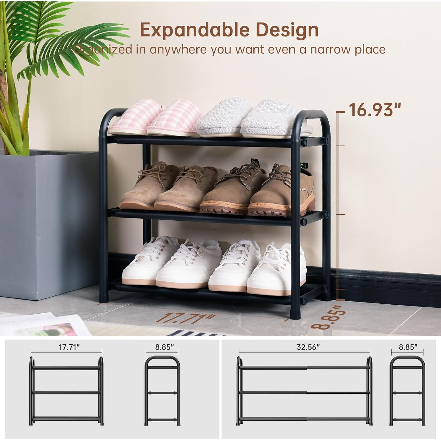 Gonfoam Expandable 3-Tier Shoe Rack For Closet And Entryway, Black | Tool-Free Assembly, Metal Material, Adjustable Shoe Organizer, Sturdy, Small Space Solution, Dorms, Garages, Apartments.