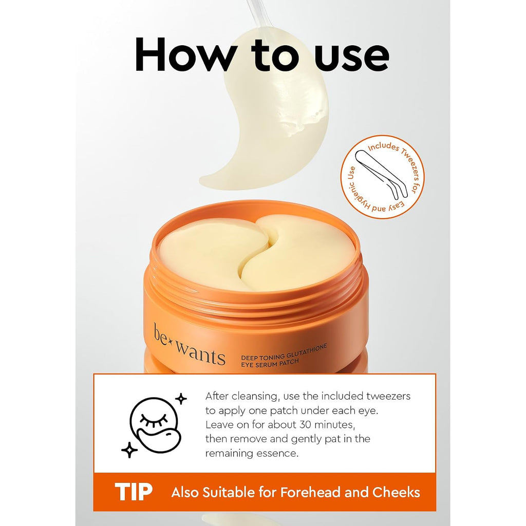 Bewants Deep Toning Glutathione Eye Serum Patch | Korean Retinol And Caffeine Eye Patches | Advanced Glutathione Skincare Gel Patch | 60 Undereye Mask Patches
