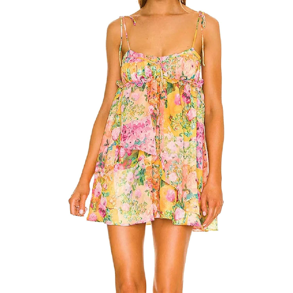 Floral Boho Mini Dress Flowy Chiffon Spaghetti Strap Corset Dress Y2K Floral Summer Dresses For Women 2024
