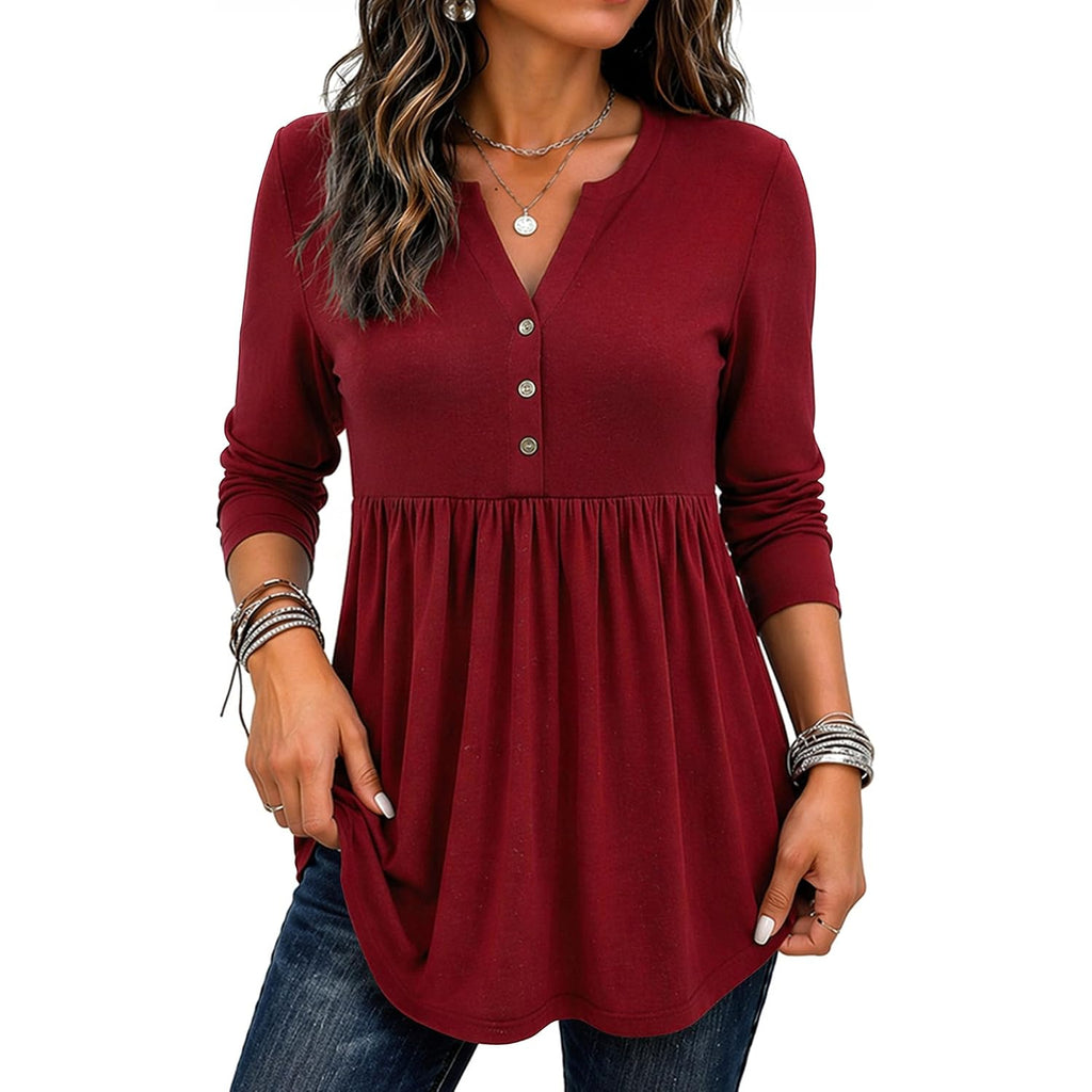 Zeagoo Women Blouses Long Sleeve Shirts Boho Henley V Neck Tops Business Casual Loose Pleated Fashion Clothing