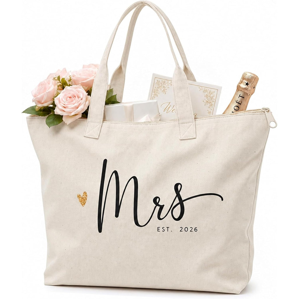 Bridal Shower Gifts, Mrs Tote Bag For Bride 2026 – Large Cotton Canvas Wedding Tote With Top Zipper & Inner Pocket, Mrs Gifts For Bachelorette Party, Getting Ready, Honeymoon Beach Bag