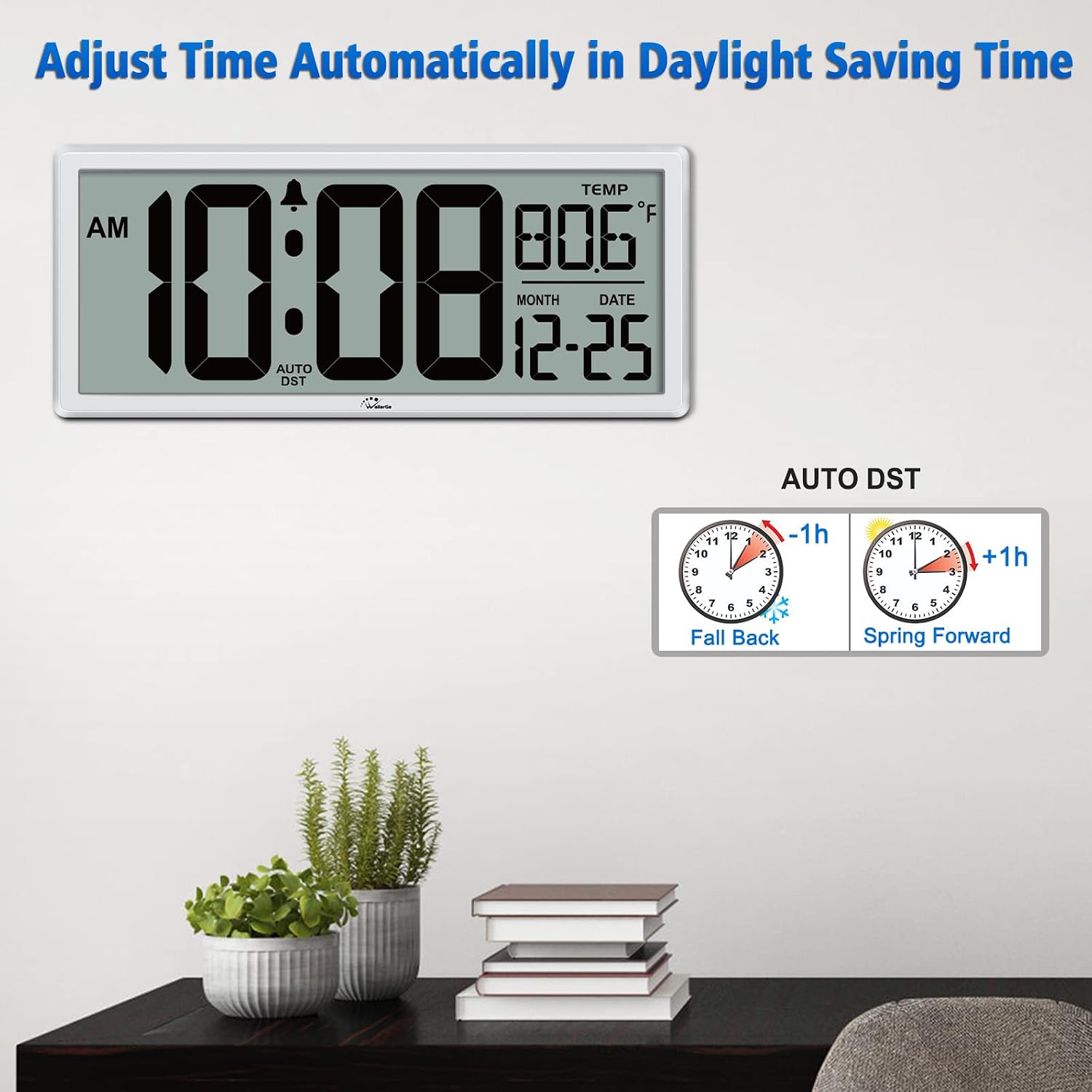 14.5'' Large Digital Wall Clock Battery Operated With Jumbo Numbers, Temperature And Date - Easy To Read And Set, Auto Dst