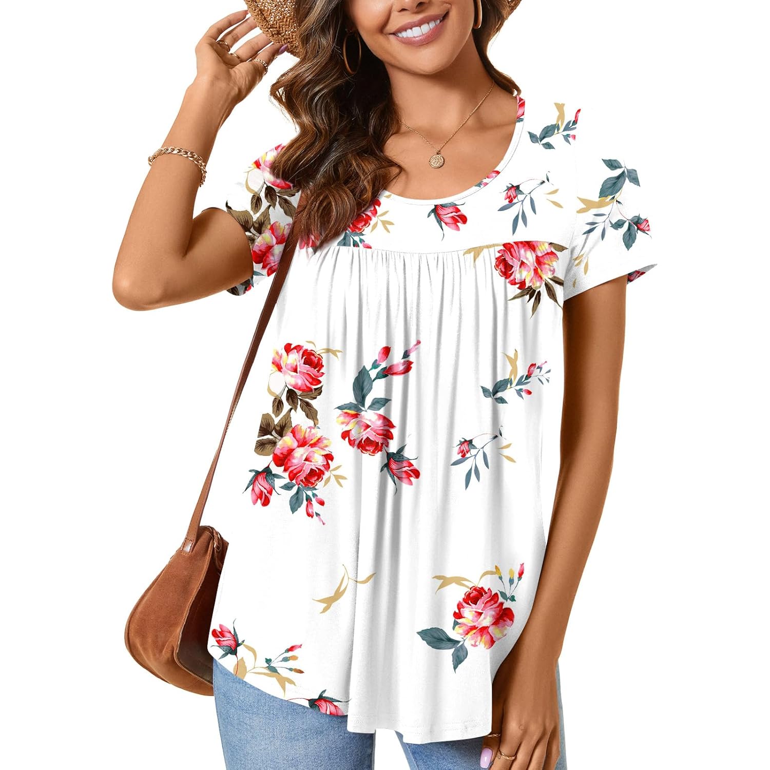 Women's 2026 Summer Short Sleeve Tunic Tops Loose Fit Comfy Blouses Casual Shirts for Leggings M-4XL