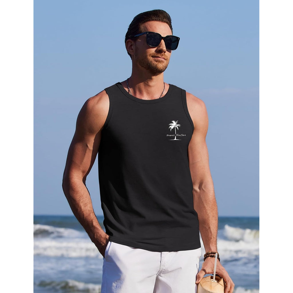 Coofandy Mens Beach Tank Tops Summer Cotton Sleeveless Graphic T Shirts Palm Tree Casual Vacation Muscle Tank