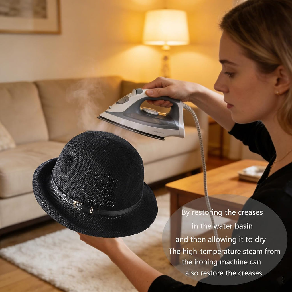 Women Straw Cloche Sun Hat Summer Church Hat 1920s Round Beach Bowler Bucket Hats Roll Brim Travel Caps Belt/Black