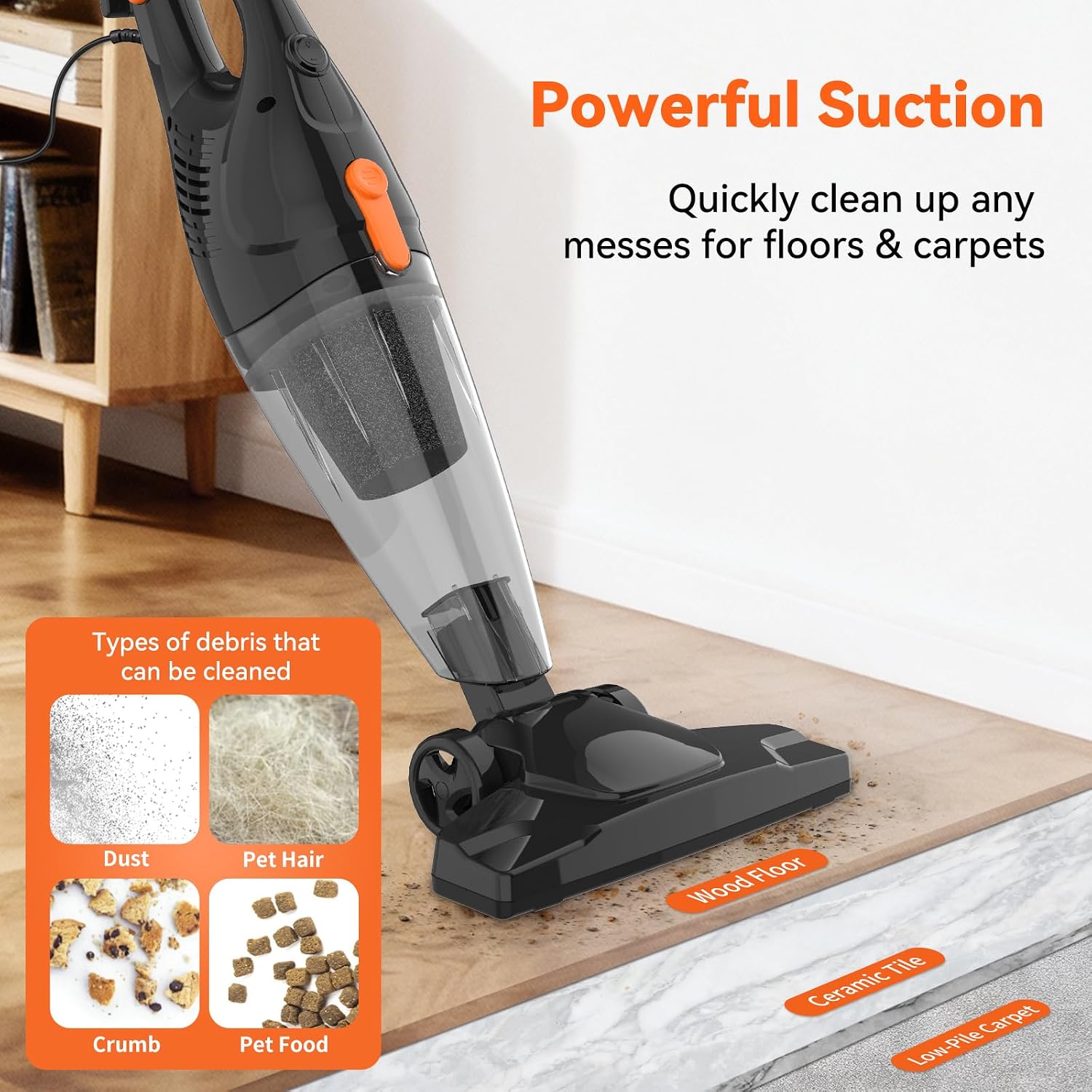 Tc-Junesun Corded Vacuum Cleaner, 12 In 1 Ultra-Lightweight Small Vacuum Cleaners For Home Dorm 15Kpa Powerful Corded Stick Vacuum With Hepa Filter For Home, Car, Pet Hair, Carpet, Hard Floor