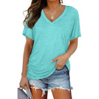 Womens Summer T-Shirts Short Sleeve V Neck Dolman Tops with Side Shirring Loose Fit Shirts Spring Fashion