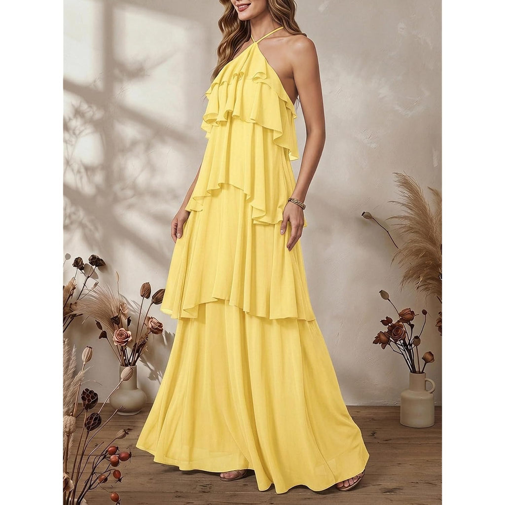 Soly Hux Women'S Wedding Guest Dress Sundresses Ruffle Layered Halter Backless Flowy Formal Maxi Dresses