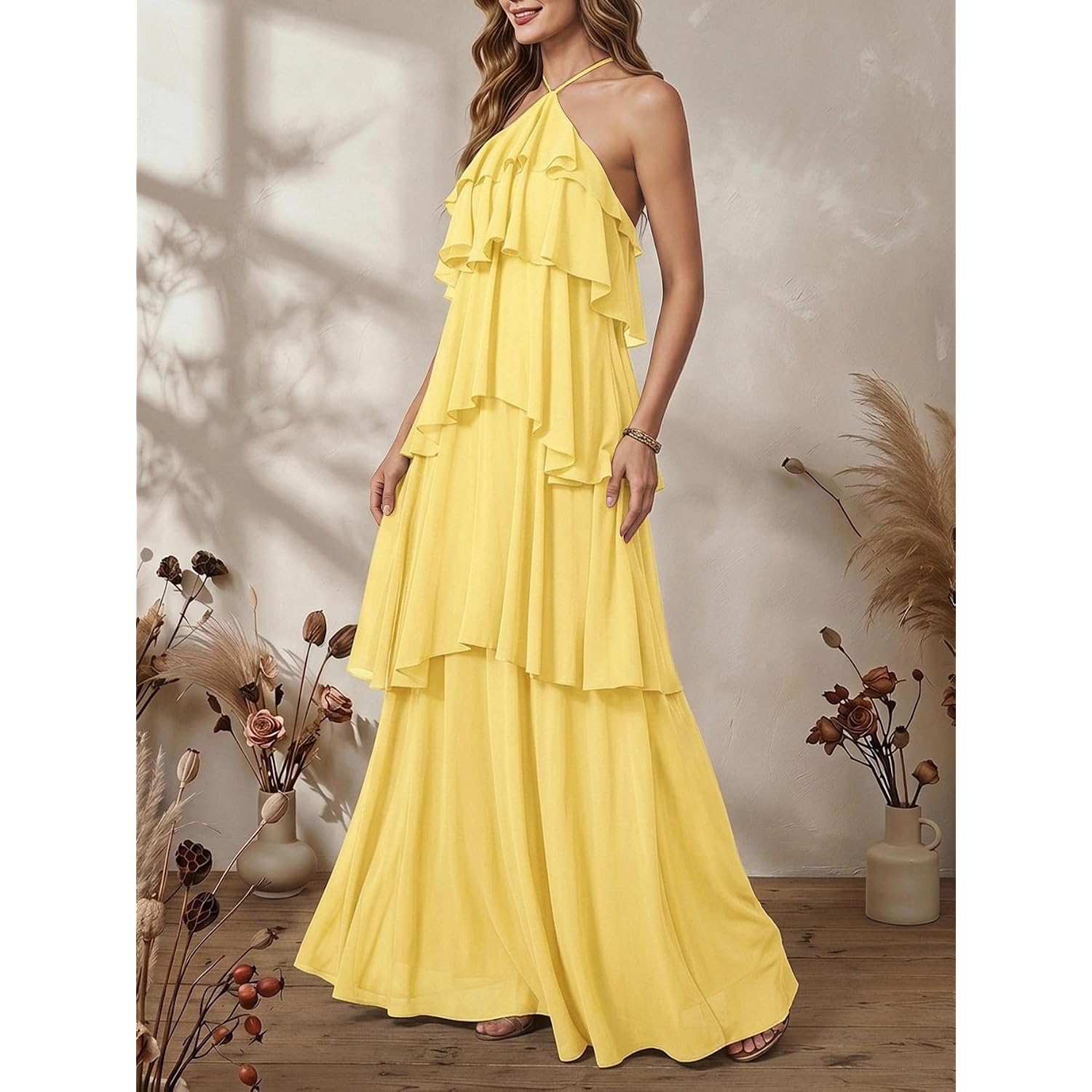 Soly Hux Women'S Wedding Guest Dress Sundresses Ruffle Layered Halter Backless Flowy Formal Maxi Dresses