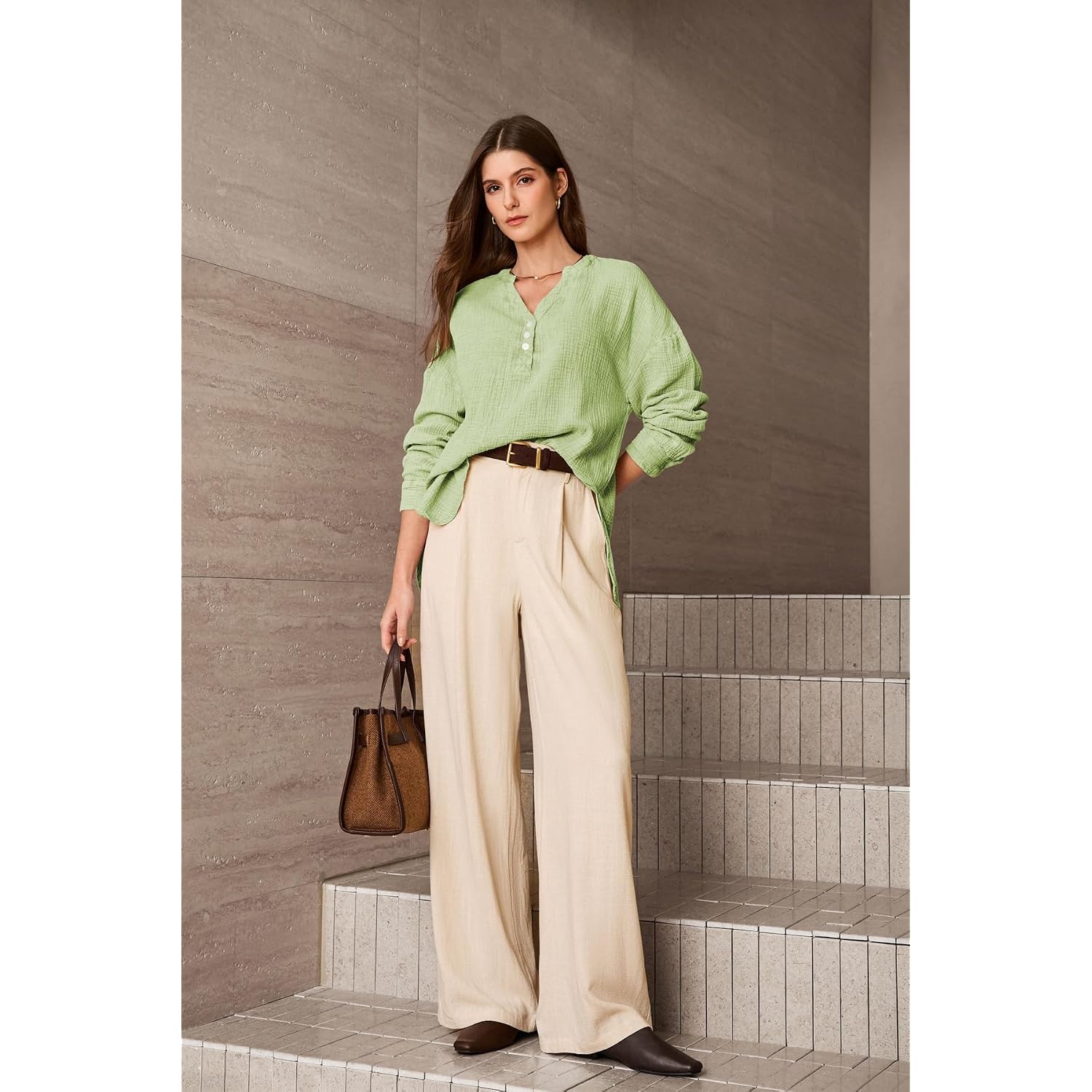 Dokotoo Womens Casual Button V Neck Long Sleeve Shirts Oversized Solid Blouses Tops