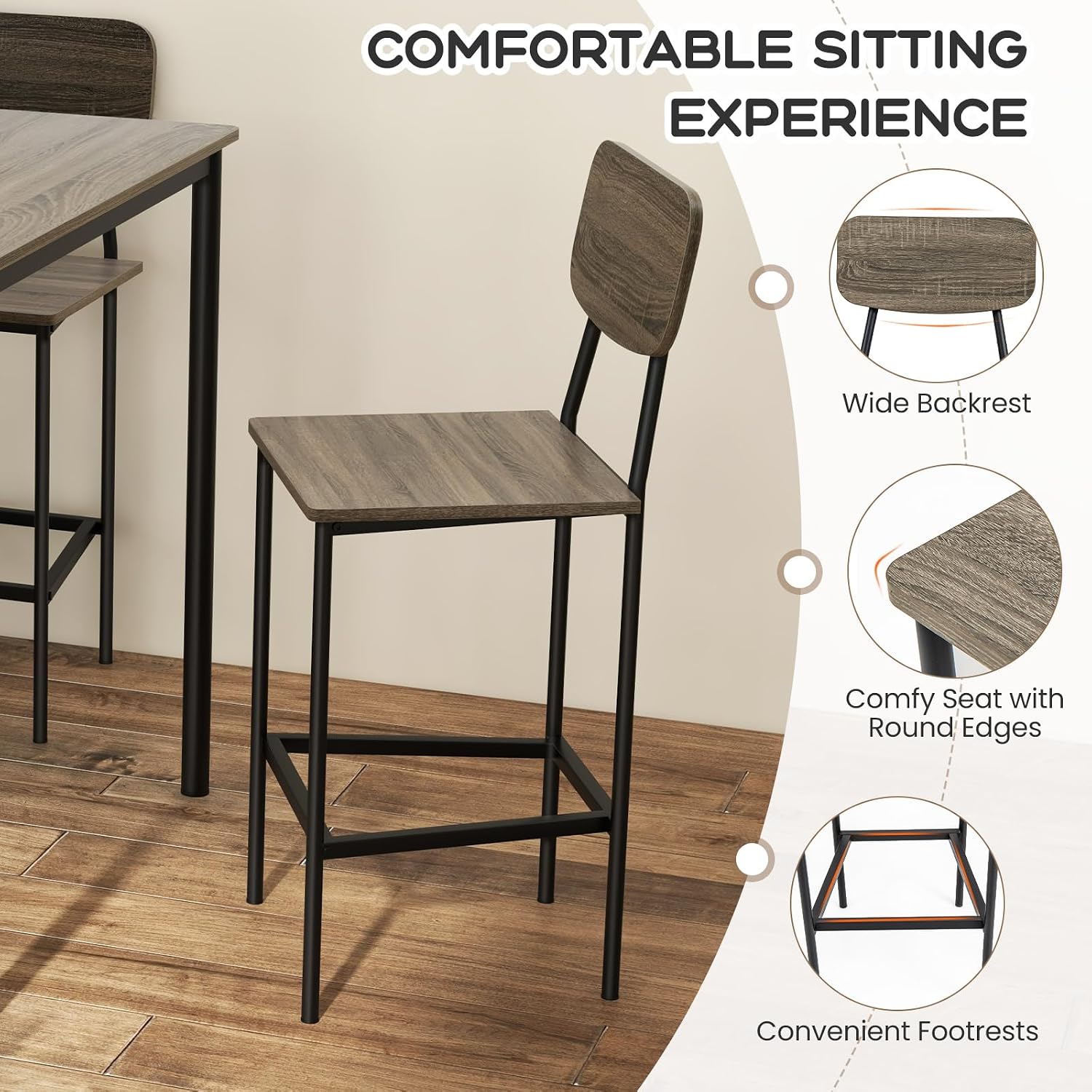 Giantex 5-Piece Dining Table Set W/Counter Height Table & 4 Bar Stools, Modern Kitchen Dining Set W/Footrest & Backrest, Space-Saving Dinette Set For Pub, Dining Room, Restaurant (Black Oak)
