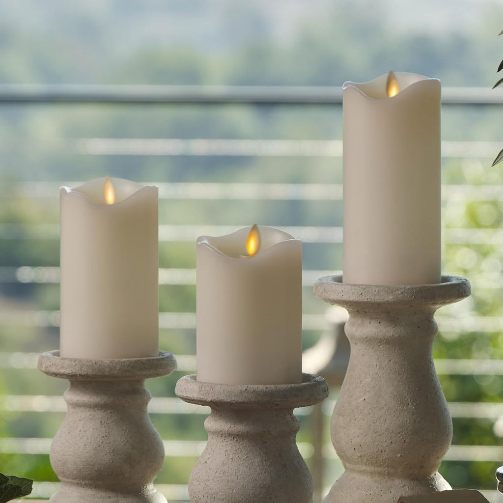 Set Of 3 Flameless Led Flickering Moving Flame Pillars (3X 4.5, 3X5.5, 3X6.5), Real Unscented Wax W/ Melted Edge & Smooth Finish, Aa Battery Operated, Pearl Ivory