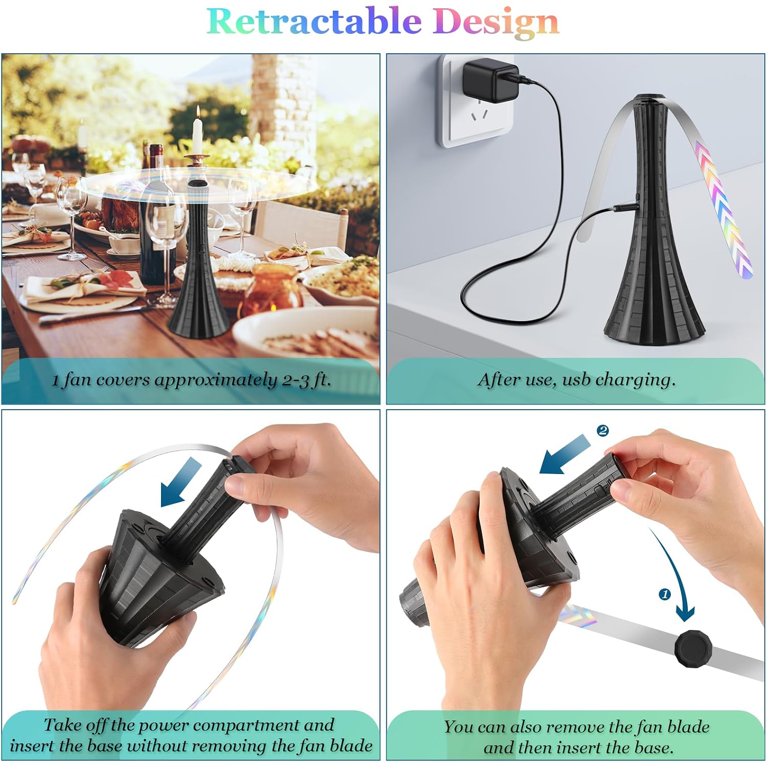 Fly Fans For Tables Rechargeable, Flies Fan To Keep Flies Away By Soft Blades, Food Fans For Camping, Picnic, Fishing, 4Pcs, Black，Party Essentials Picnic Accessories For Outside, 2000Mah