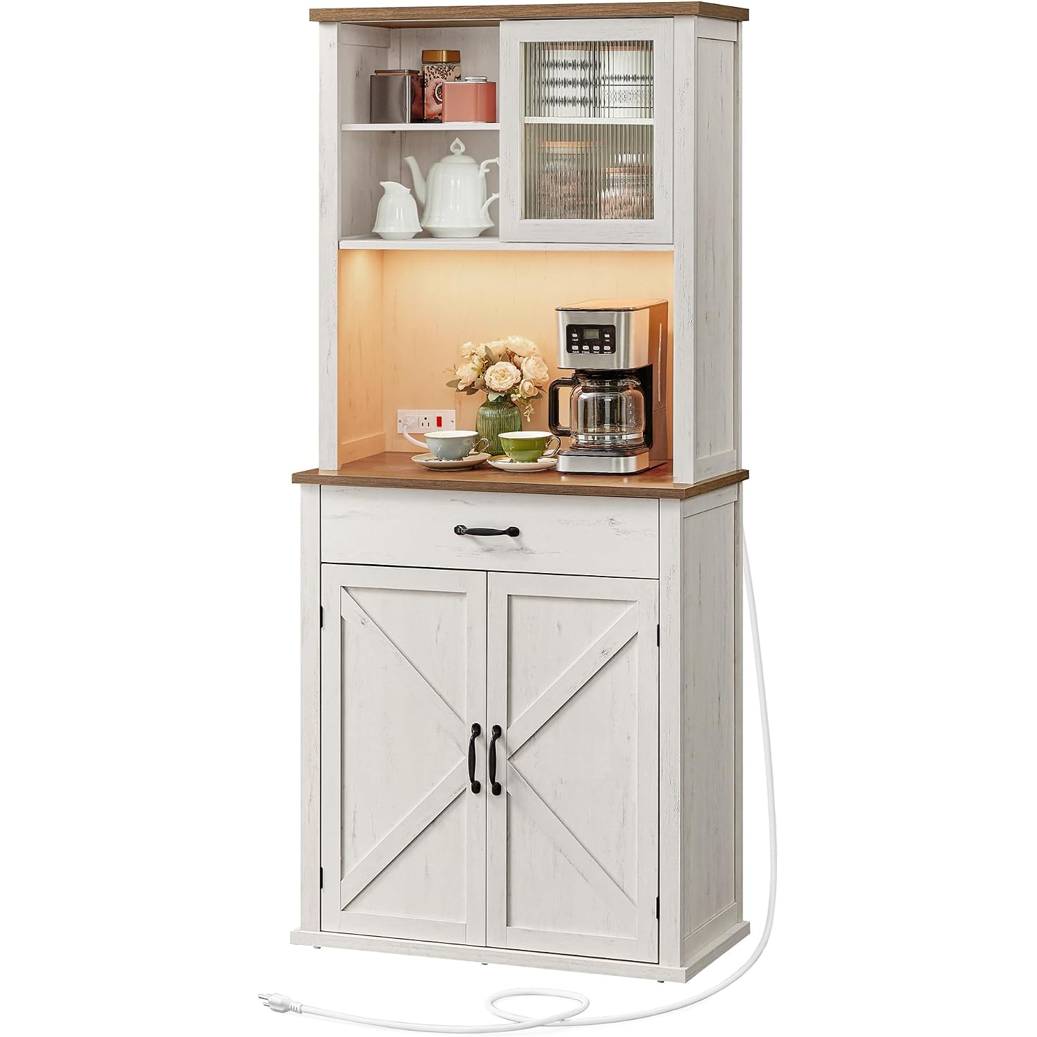 Vasagle Liry Collection - Pantry Cabinet With Lights And Charging Station, Kitchen Storage Cabinet With Doors And Drawer, 15.6 X 31.7 X 71.1 Inches, Farmhouse Style, Rustic White Ubbk363W12V2