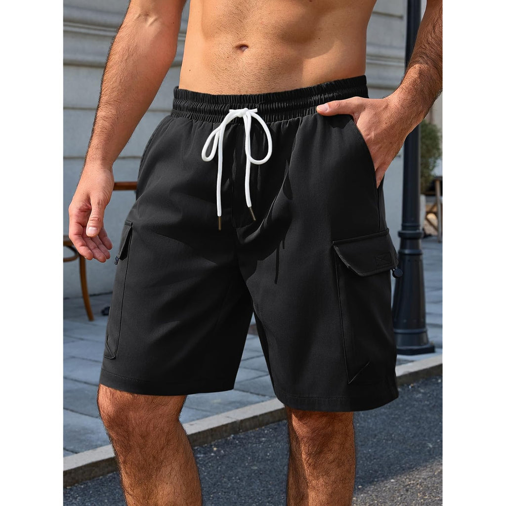 Runcati Mens Cargo Shorts Elastic Waist Drawstring Casual Work Shorts Summer Hiking Outdoor Shorts With 4 Pockets