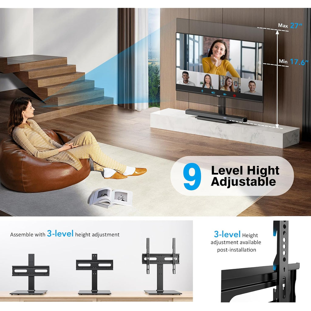 Universal TV Stand - Table Top TV Stand for 27-60 inch LCD LED TVs - 9 Level Height Adjustable TV Base Stand with Tempered Glass Base & Wire Management, VESA 400x400mm