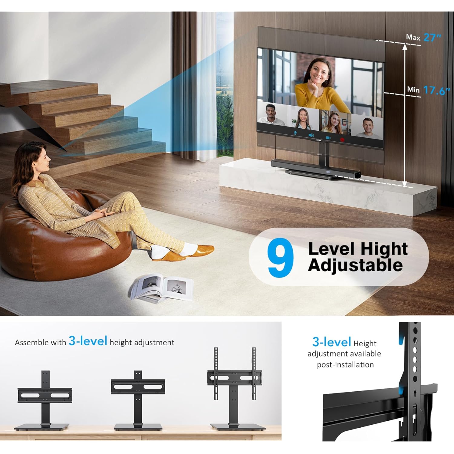 Universal TV Stand - Table Top TV Stand for 27-60 inch LCD LED TVs - 9 Level Height Adjustable TV Base Stand with Tempered Glass Base & Wire Management, VESA 400x400mm
