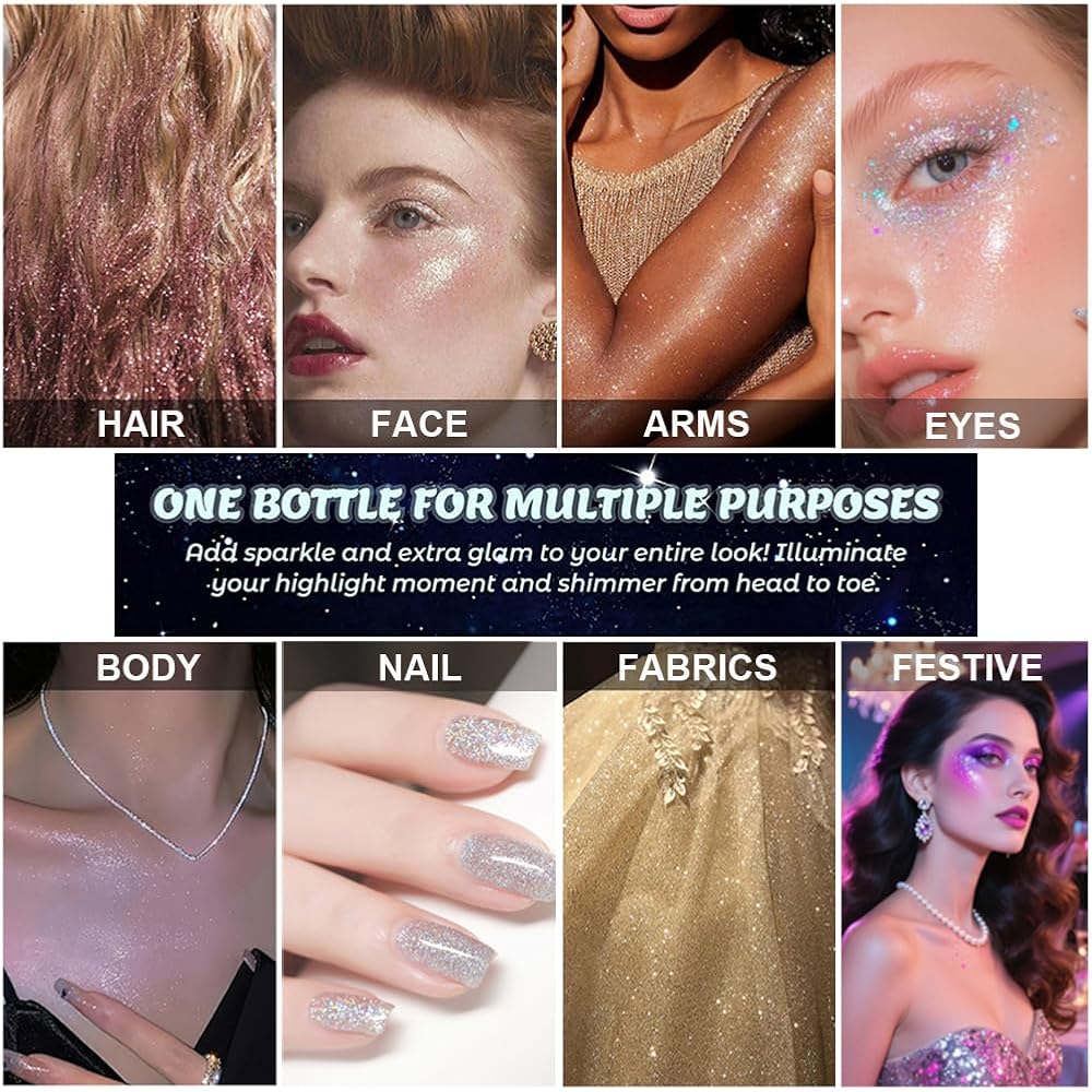 Pearl White Highlighter Spray for Face and Body, Rich Color Loose Shimmer Powder Long Lasting Sparkly Spray High Gloss Makeup for Women Rave Festival Prom Stage Wedding Party, #1