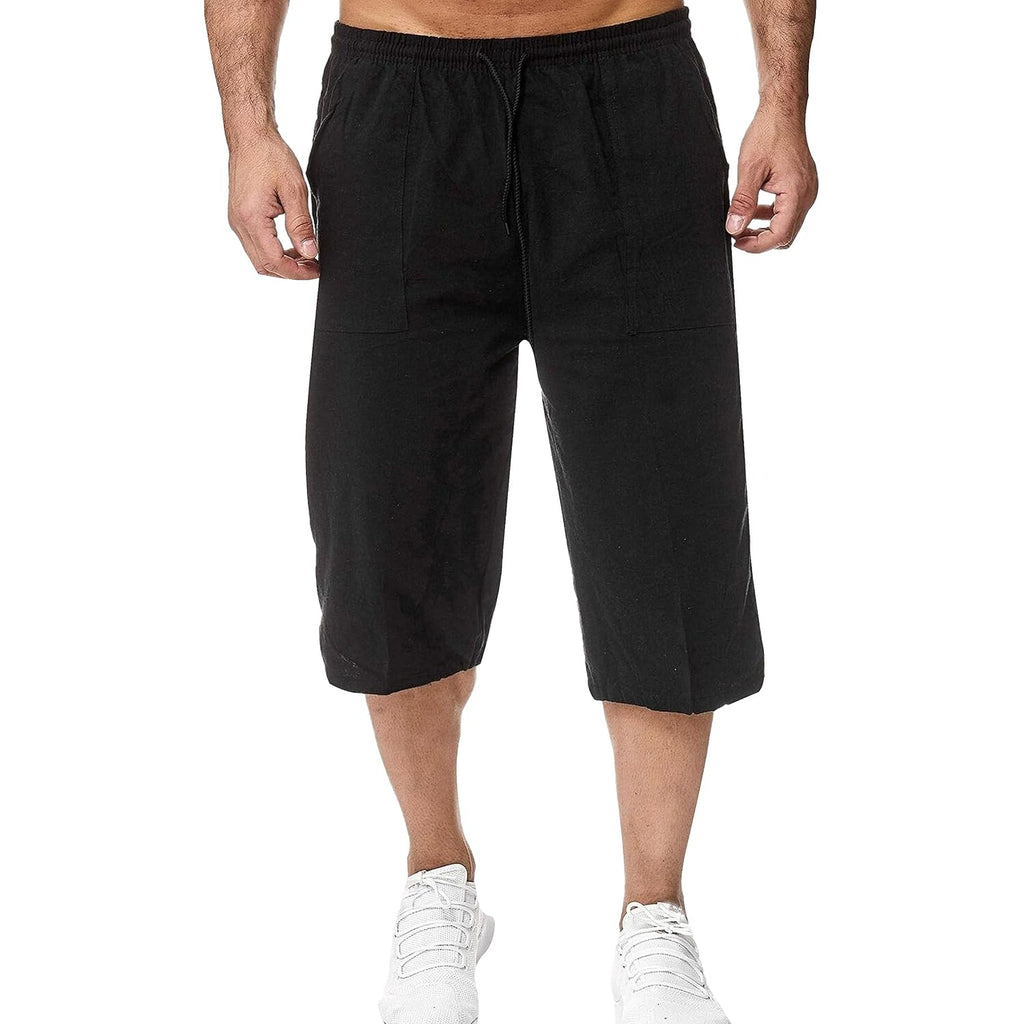 Hangnifang Men'S Long Linen Shorts Below Knee Pocketed 3/4 Summer Drawstring Capri Pant