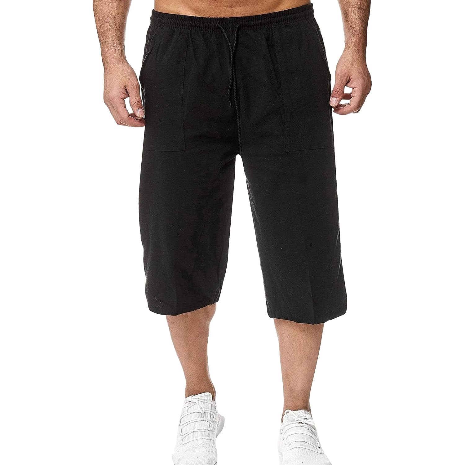 Hangnifang Men'S Long Linen Shorts Below Knee Pocketed 3/4 Summer Drawstring Capri Pant