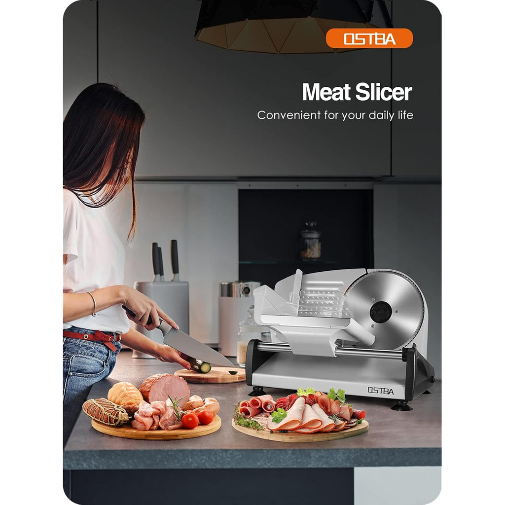 Ostba Meat Slicer 200W Electric Deli Food Slicer With 2 Removable 7.5" Stainless Steel Blade, Adjustable Thickness For Home Use, Child Lock Protection, Easy To Clean, Cuts Meat, Bread And Cheese