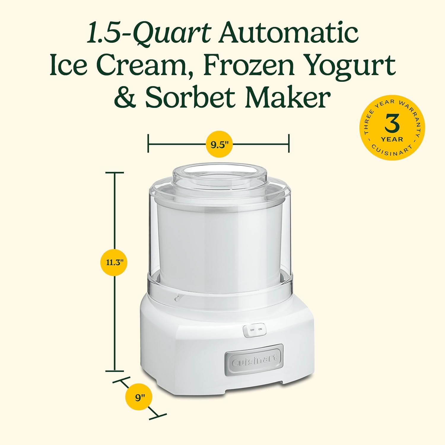 Cuisinart Ice Cream Maker, 1.5 Quart Double Insulated, Sorbet and Frozen Yogurt Maker, Ready in 20 Minutes, ICE-21P1, White
