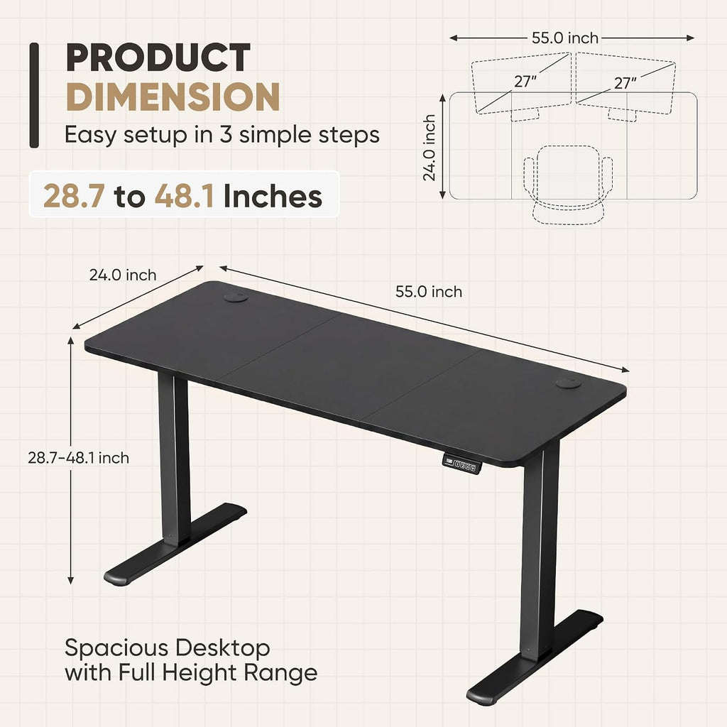 Furmax 55 X 24 Inches Electric Height Adjustable Standing Desk Large Sit Stand Up Desk Home Office Computer Desk Memory Preset With T-Shaped Metal Bracket, Black
