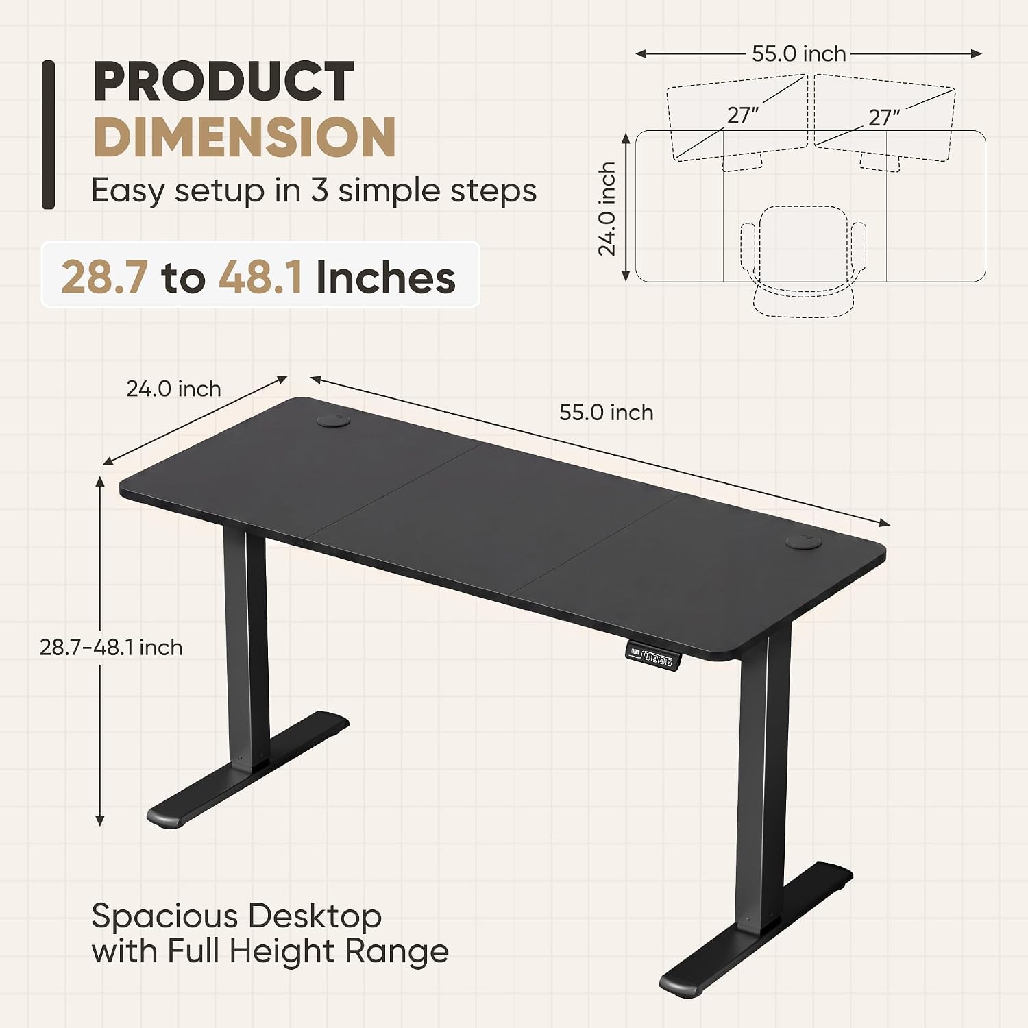 Furmax 55 X 24 Inches Electric Height Adjustable Standing Desk Large Sit Stand Up Desk Home Office Computer Desk Memory Preset With T-Shaped Metal Bracket, Black