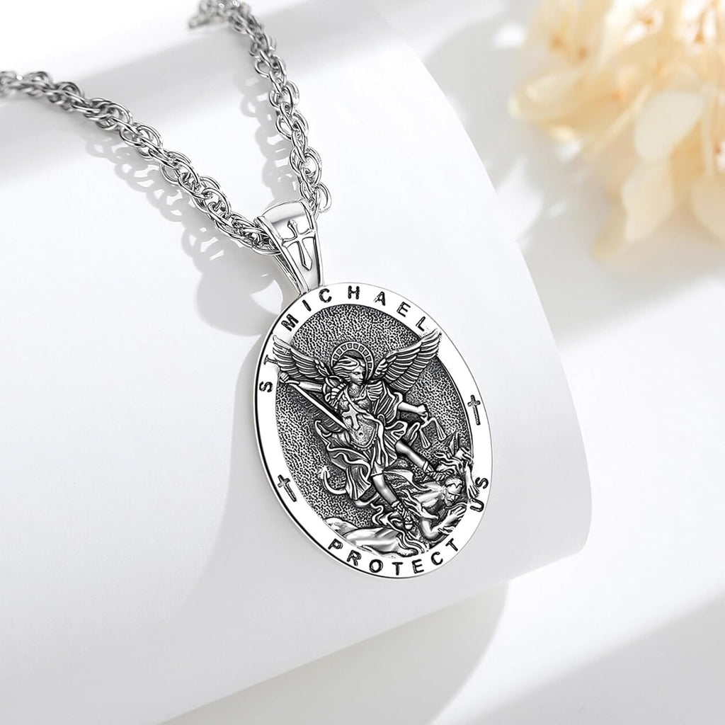 EUDORA 925 Sterling Silver St Benedict/St Michael/St Christopher/Archangel Raphael Gabriel Metatron/Virgin Mary/St Joseph/St Anthony Crucifix Pendant Bible Verse Prayer Necklace Jewelry for Men Women