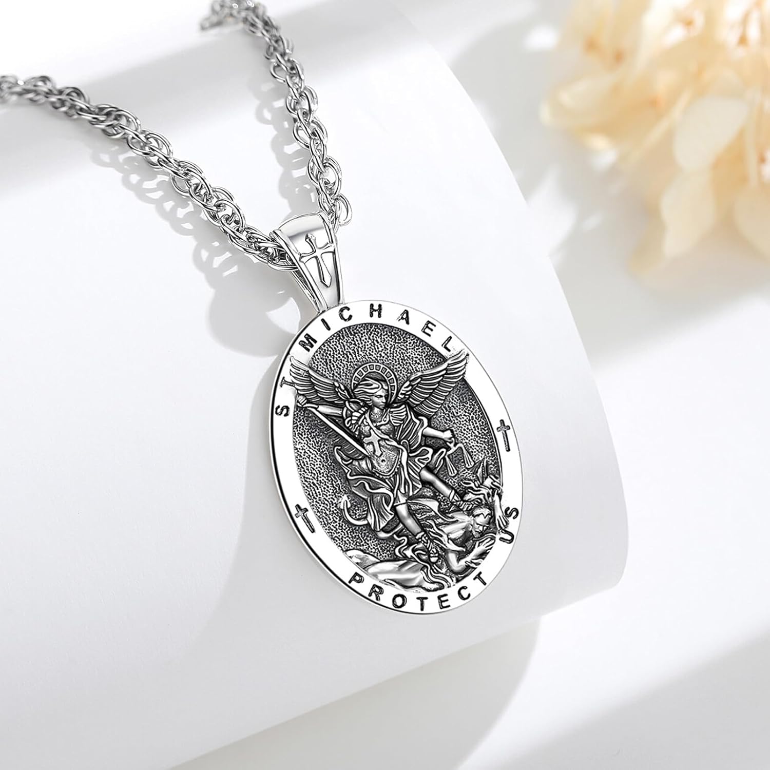 EUDORA 925 Sterling Silver St Benedict/St Michael/St Christopher/Archangel Raphael Gabriel Metatron/Virgin Mary/St Joseph/St Anthony Crucifix Pendant Bible Verse Prayer Necklace Jewelry for Men Women