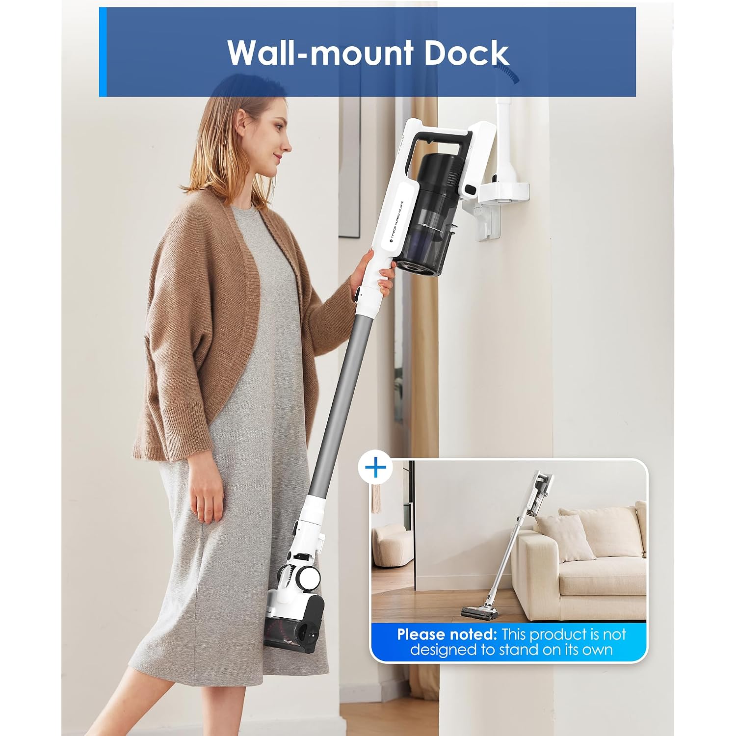 Tineco A20 Cordless Stick Vacuum Cleaner, Powerful Suction, 3 Modes For Multi-Level Messes, 1L Larger Dustbin, Ergonomic Dual-Handle Design, Wall-Mount Dock, Led Headlight