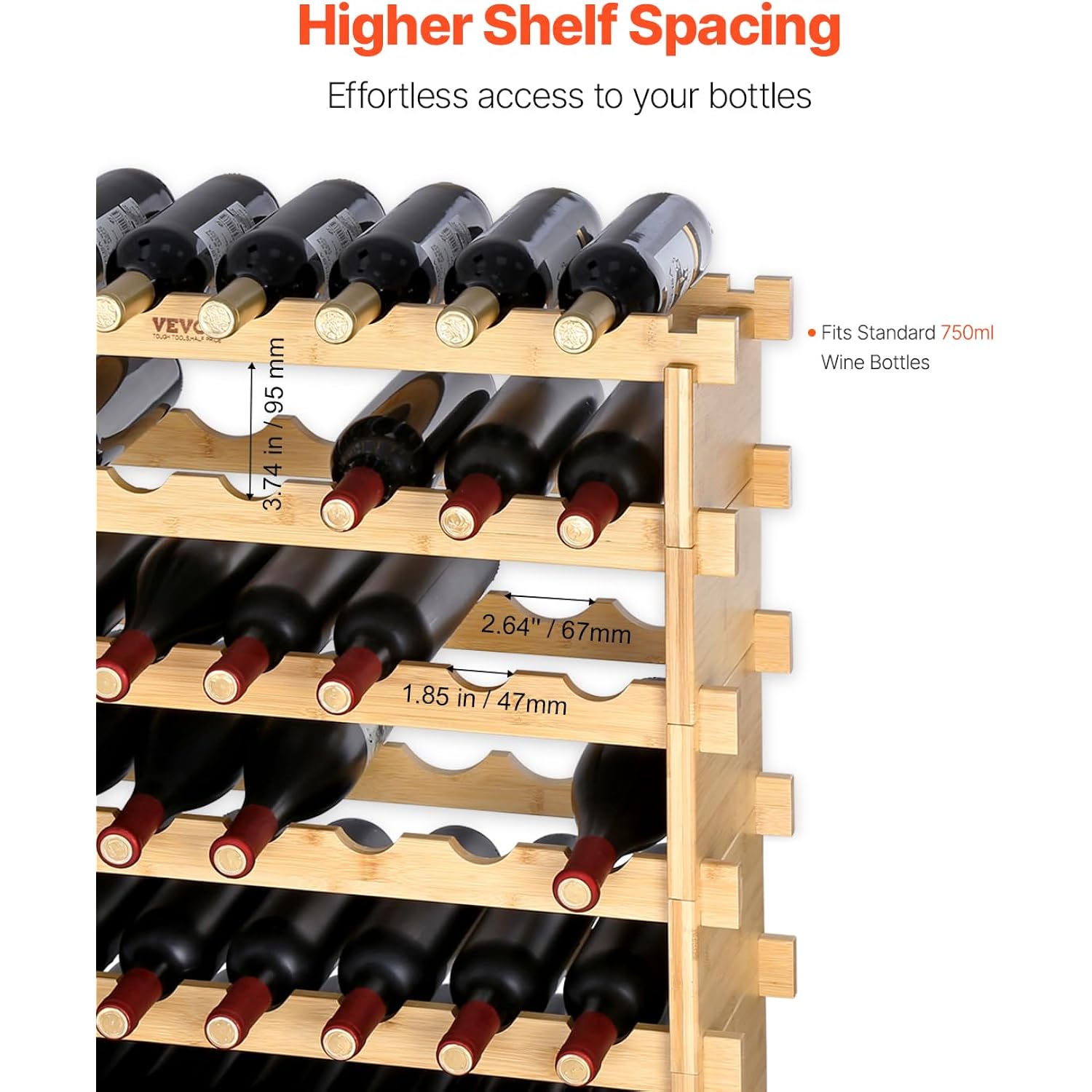 Vevor 6-Tier 48 Bottles Stackable Modular Wine Rack, Freestanding Wines Holder Display Shelf, Solid Bamboo Wood Storage Racks, Wobble-Free Shelves For Kitchens, Dining Rooms, Cellars, Natural Color