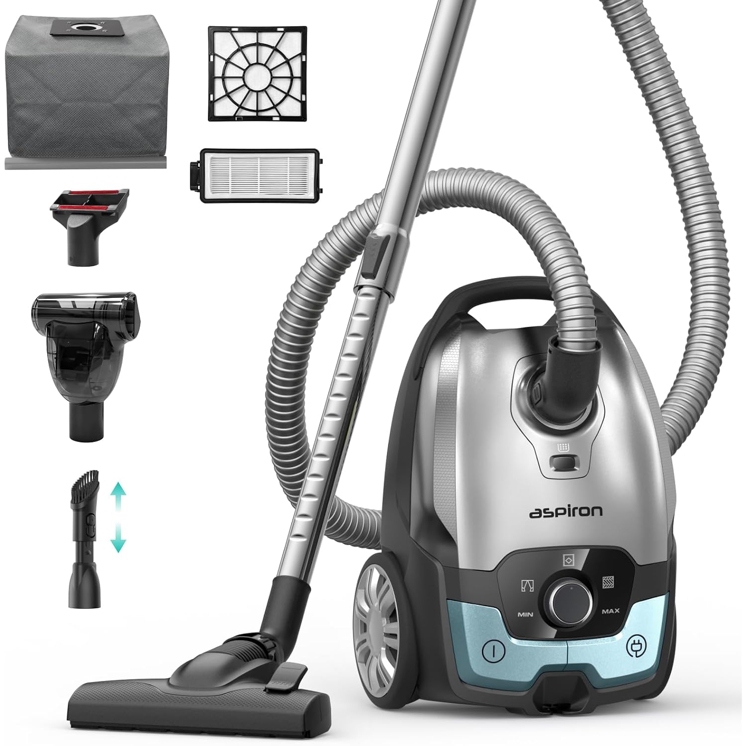 Aspiron Canister Vacuum, 1700W/45Kpa Bagged Vacuum Cleaner, 5L Large Capacity, Auto Cord Rewind, Hepa Filter, Low Noise, 8M Cleaning Radius, Easy To Push, For Hard Floor, Low Pile Carpet, Crack, Car