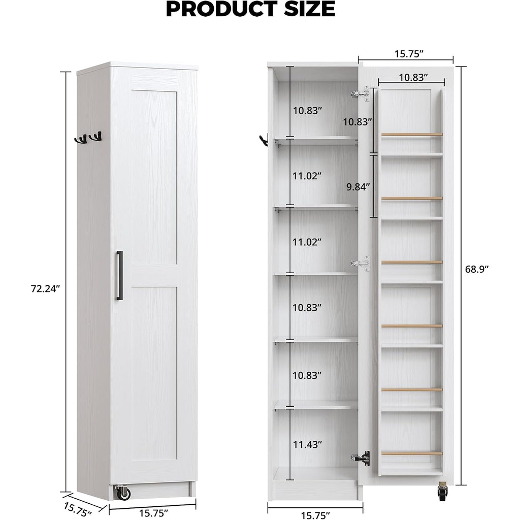 Ironck Narrow Kitchen Pantry Cabinet, 72" H,Slim For Small Place, White | Single Door With 6 Adjustable Shelves, Door Rack And Wheels, Space Saving Freestanding Storage Floor Cabinet