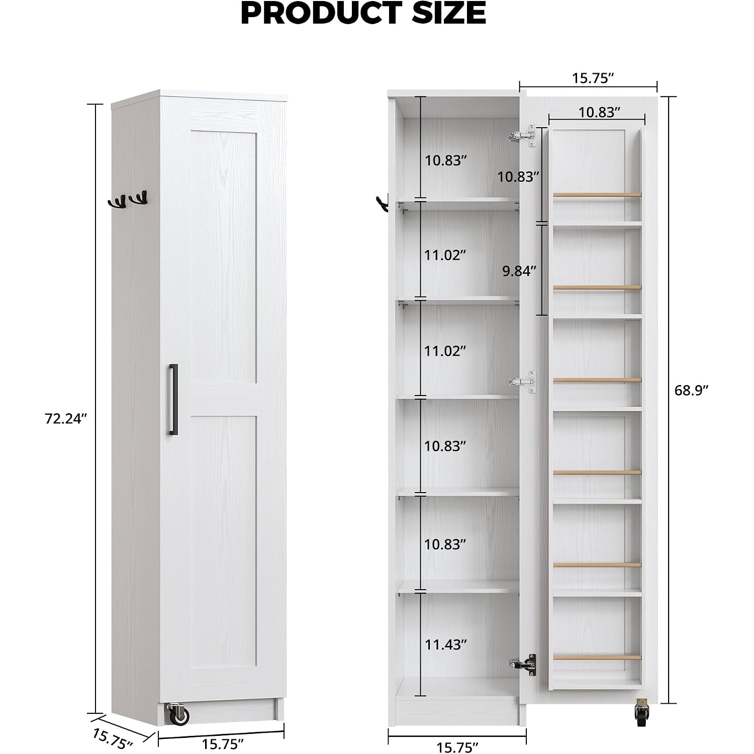 Ironck Narrow Kitchen Pantry Cabinet, 72" H,Slim For Small Place, White | Single Door With 6 Adjustable Shelves, Door Rack And Wheels, Space Saving Freestanding Storage Floor Cabinet