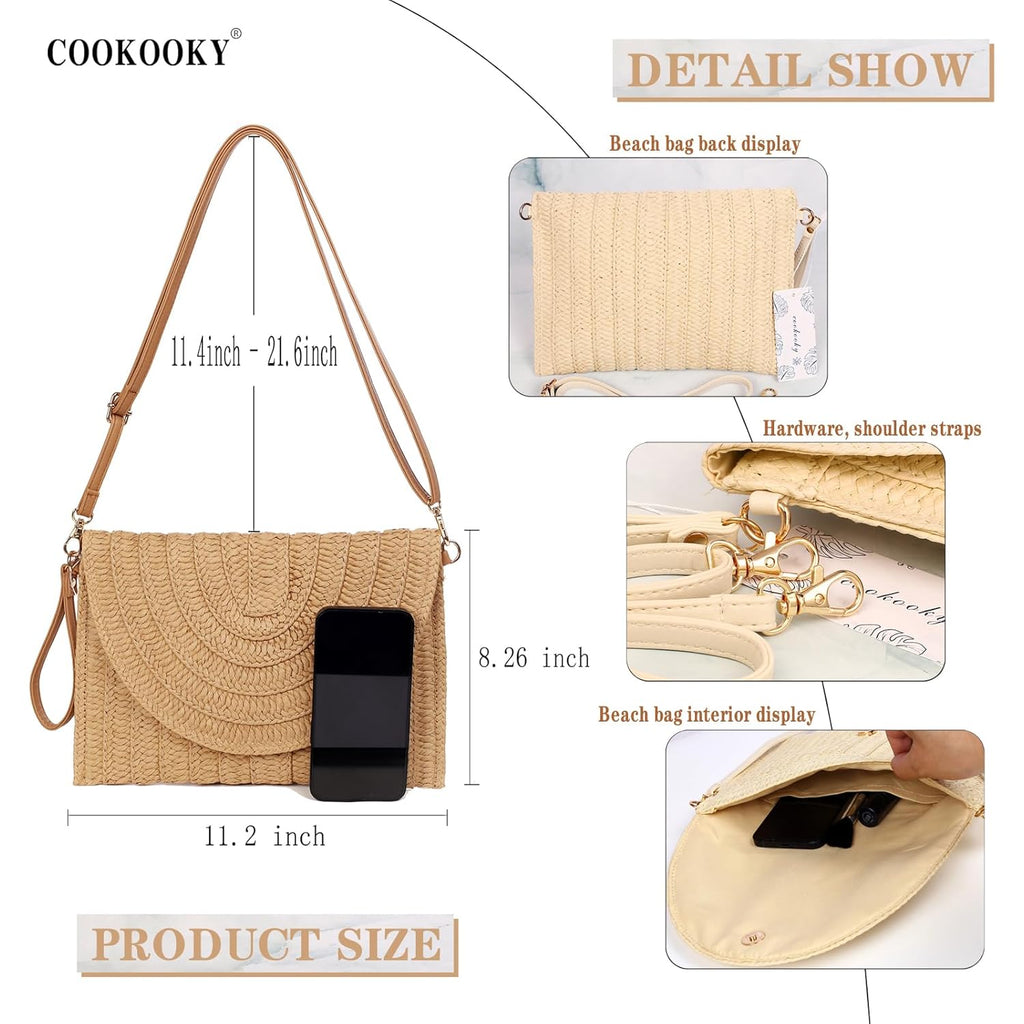 COOKOOKY Straw Clutch Handbag Summer Beach Straw Purse for Women woven Envelope Bag | Straw, Summer, Beach, woven, Straw, Summer