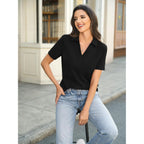 Easygala Womens Cotton Polo Shirts Short Sleeve V Neck Collared Tops Loose Fit Work Blouses Casual Summer Outfits 2026