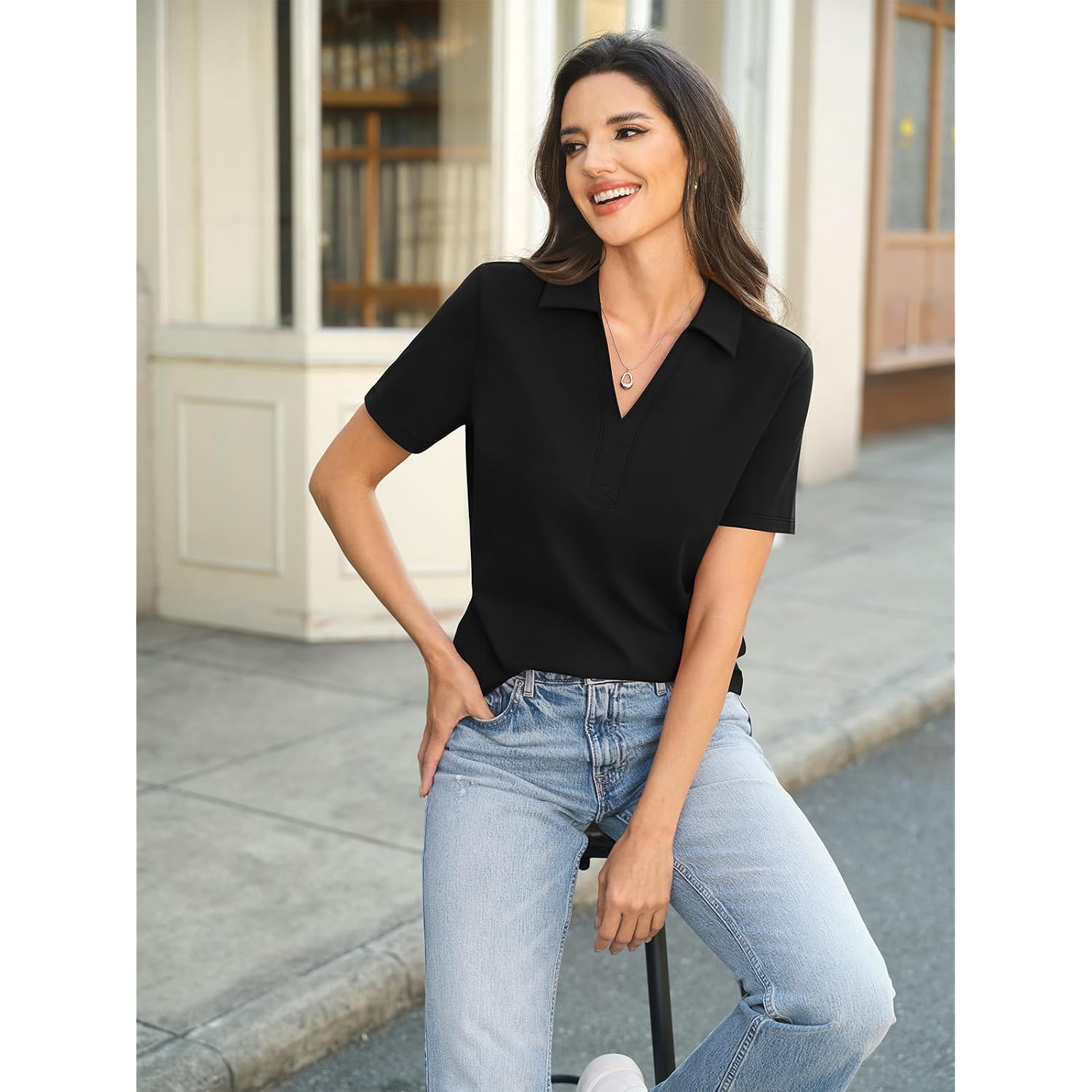 Easygala Womens Cotton Polo Shirts Short Sleeve V Neck Collared Tops Loose Fit Work Blouses Casual Summer Outfits 2026