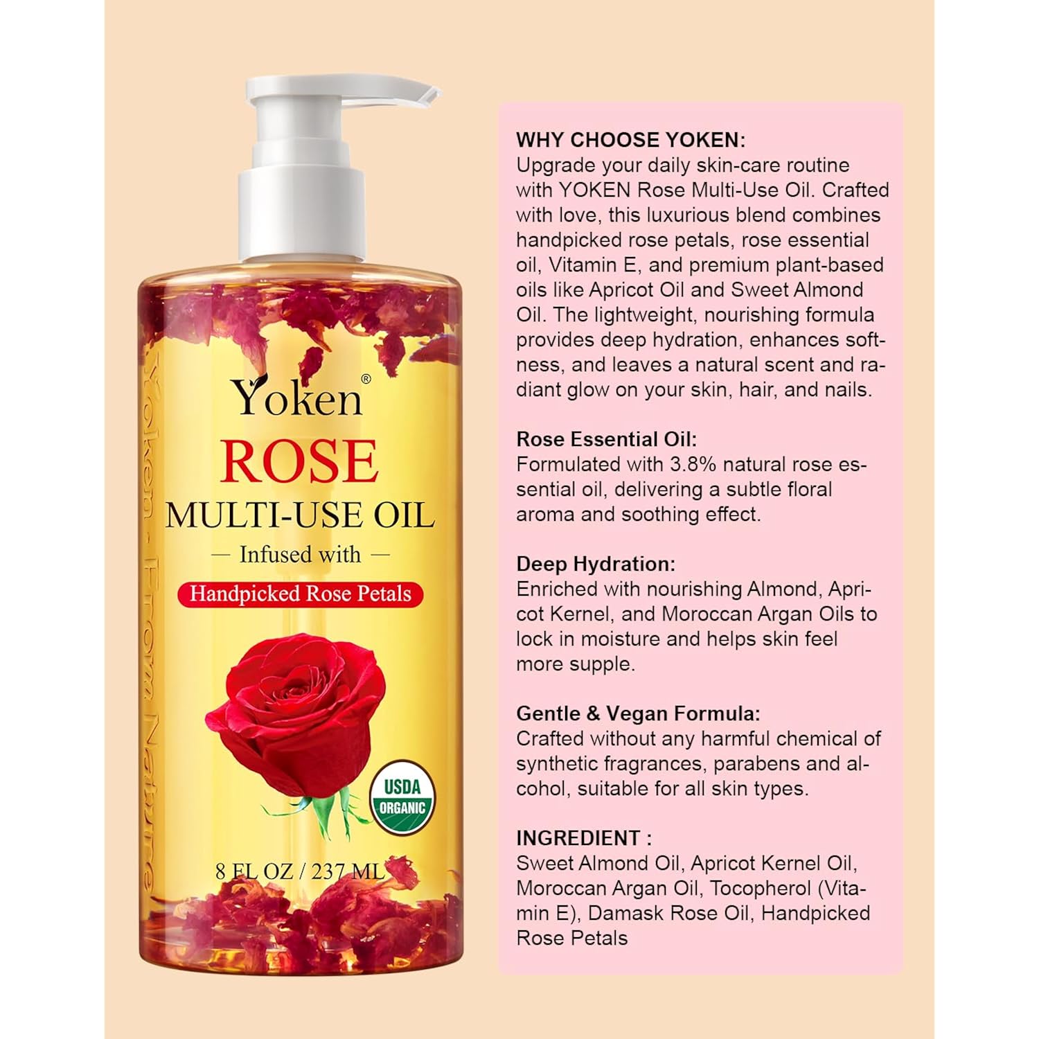 Multi-Used Body Oil For Skin Usda Certified,Face,Hair And Nails,Multi Purpose Organic Oil With Rose Petals,Vitamin E & Almond Oil Nourishing & Hydrating ,Body Oil For Moisture & Skin After Bath Oil