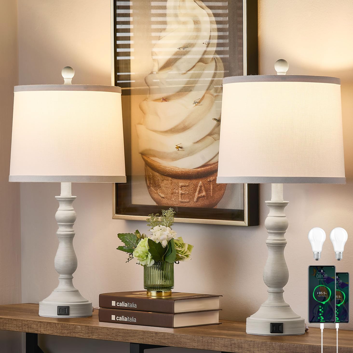 23'' Farmhouse Table Lamps For Living Room Set Of 2 With Usb C+A Ports, Retro Bedside Lamp For Bedroom, Office, Dining Room, Knob Switch, 3 Color Temperatures, Bulb Included, Beige